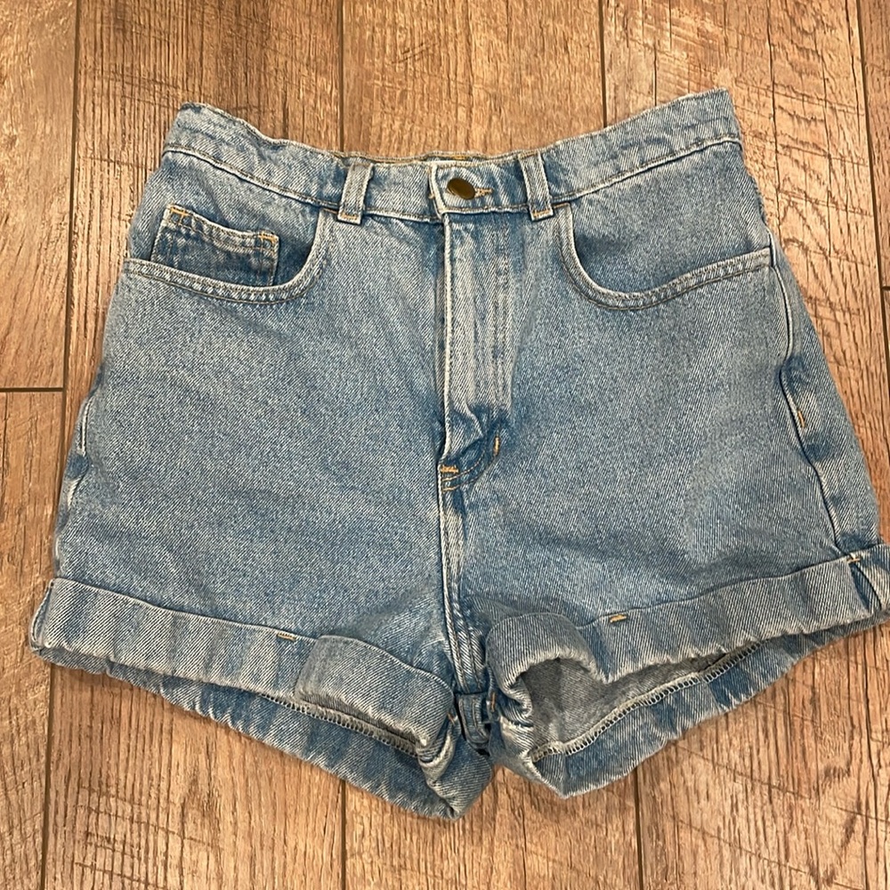 American Apparel High Rise Denim Cuffed Jeans Hi Waisted Shorts in Light Wash 28